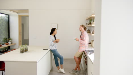 a diverse couple enjoys a conversation in a modern kitchen at home