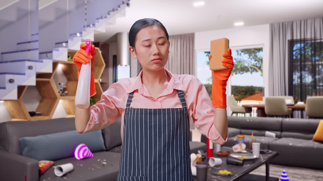 Woman Cleaning a Messy Living Room