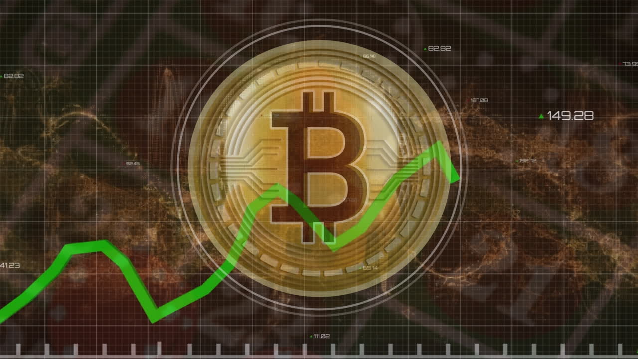 검은 바탕에 데이터 처리를 통해 두개골과 비트코인의 애니메이션