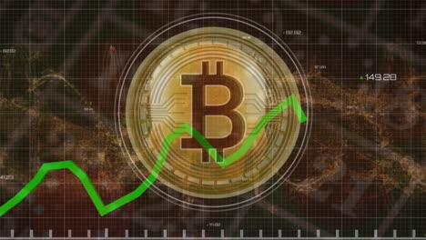 animación de cráneo y bitcoin sobre el procesamiento de datos en fondo negro