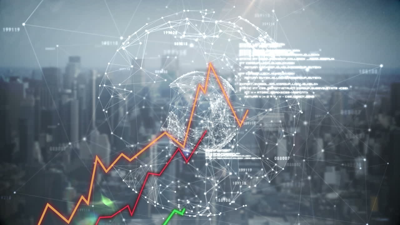 animación del globo y el paisaje urbano sobre el procesamiento de datos