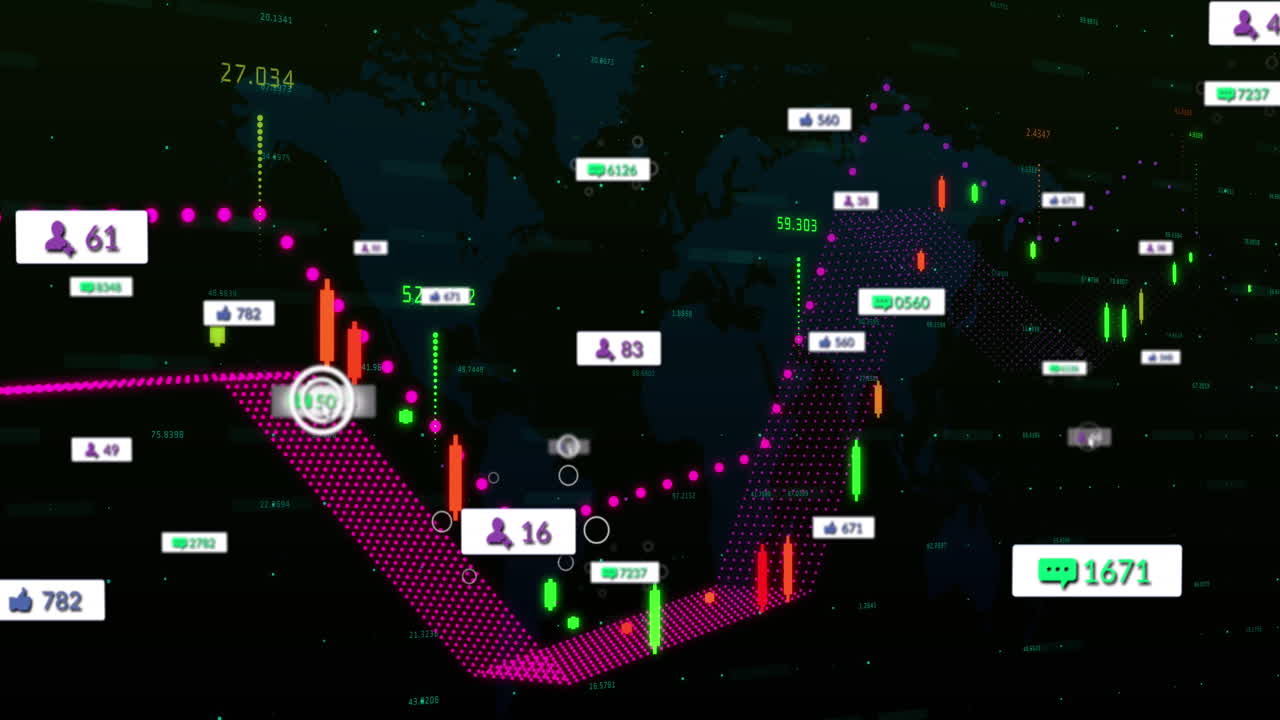 검은색 배경에 그래프와 지도가 있는 알림 바의 애니메이션