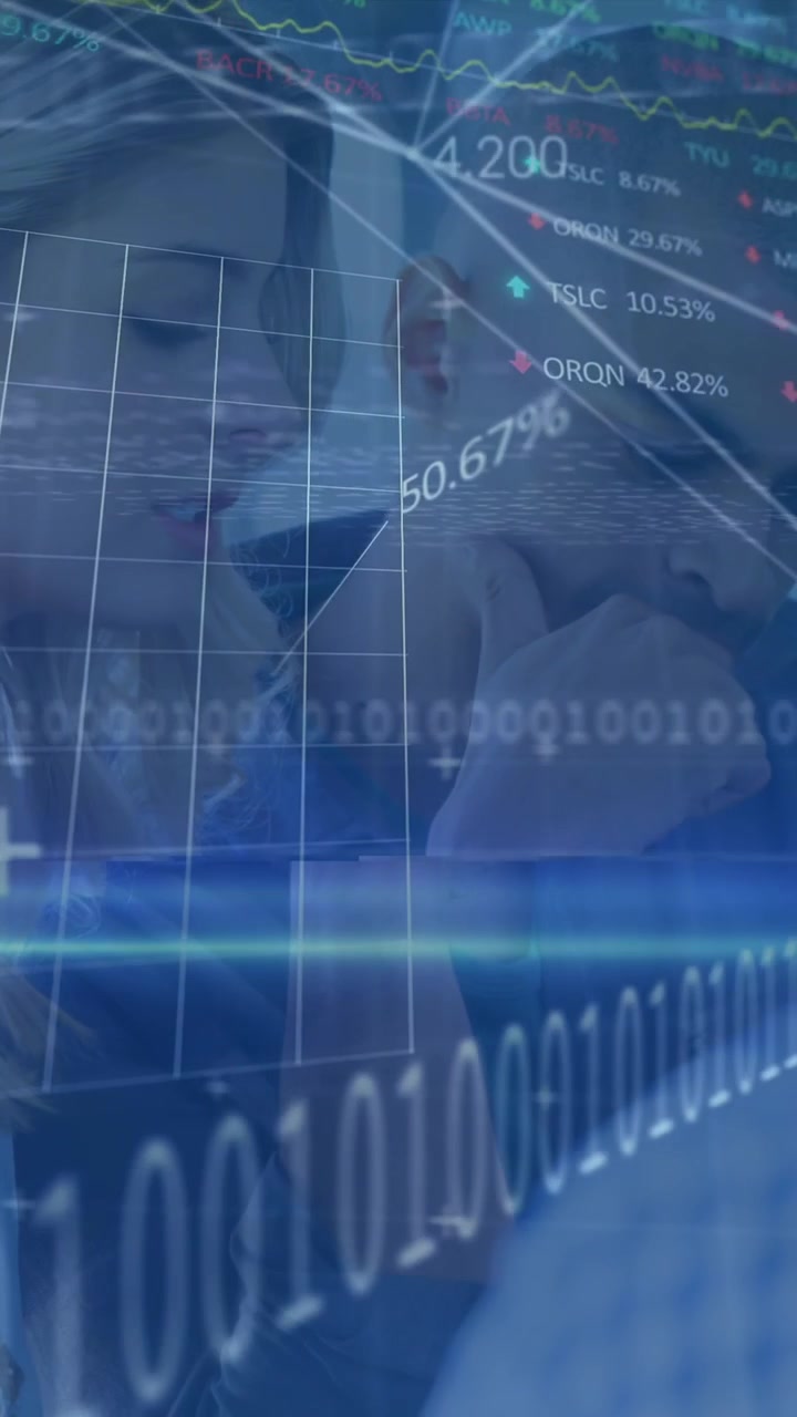Animation of financial data processing and stock market over diverse business people in office