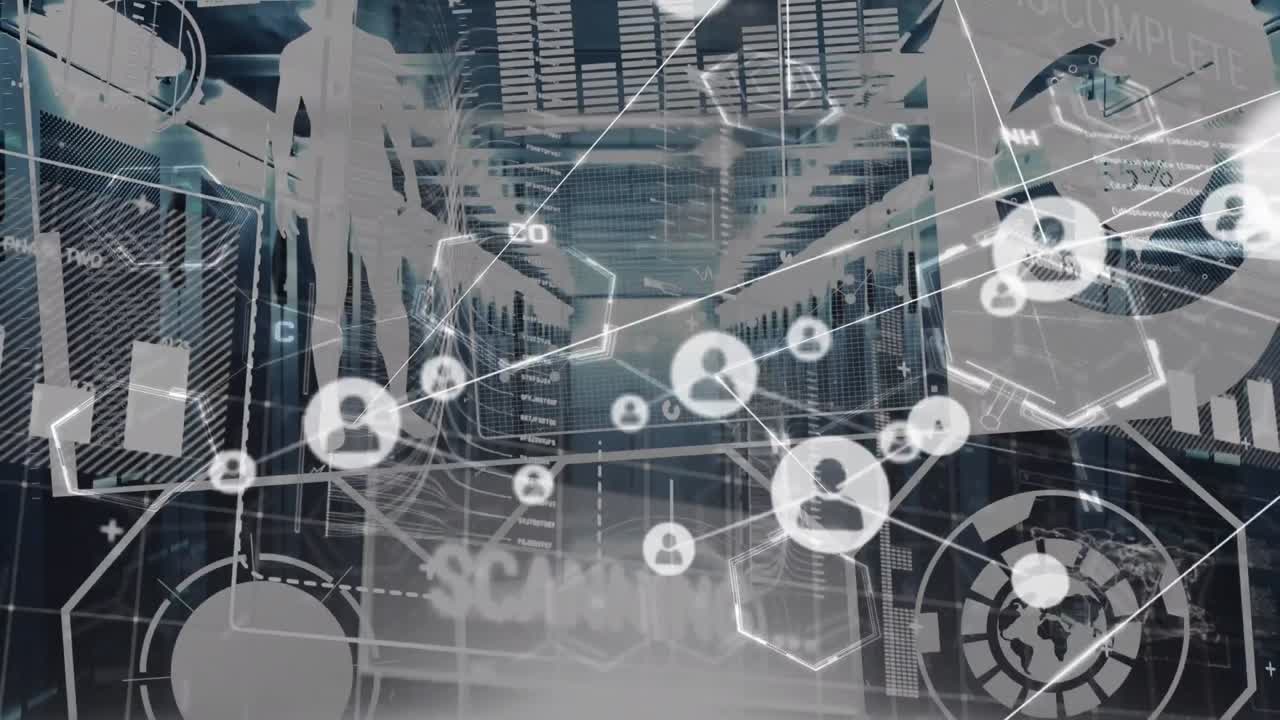 анимация сети соединений с иконками над серверной комнатой и обработкой данных