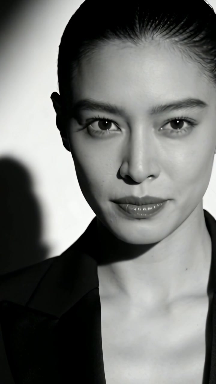 Vertical video: Crop widening, model revealing face in studio portrait, showing hard shadow, blazer