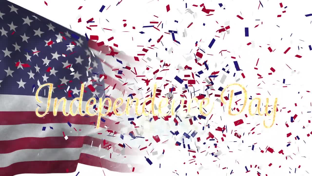 Animation of gold text independence day and confetti falling over waving american flag