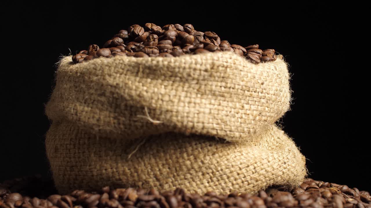 Roasted Coffee Beans In Sack Bag, Video In 4K, 50Fps