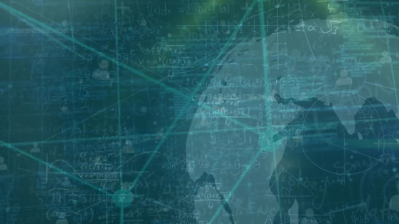 Animation of connected icons, cube and globe over mathematical sums and computer language