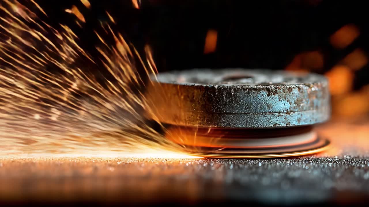 Dynamic Sparks Emanate from a Rotating Metal Disc During a High-Speed Grinding Process, Capturing Motion and Energy in a Vibrant Display