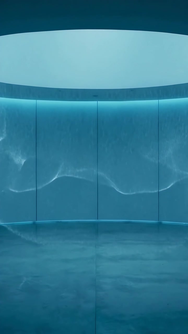 Vertical video: Starting under oval skylight, light wave moving down in gallery for cyan glow