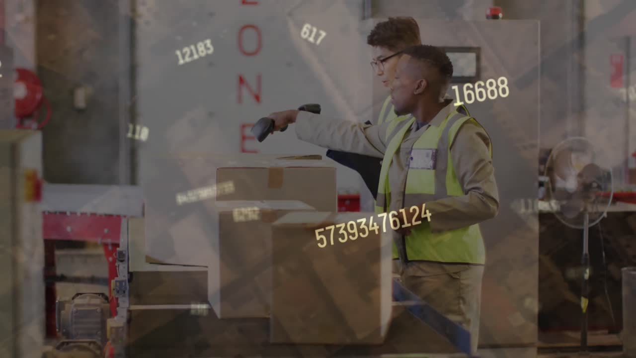 animación de números y procesamiento de datos sobre diversas personas que trabajan en el almacén