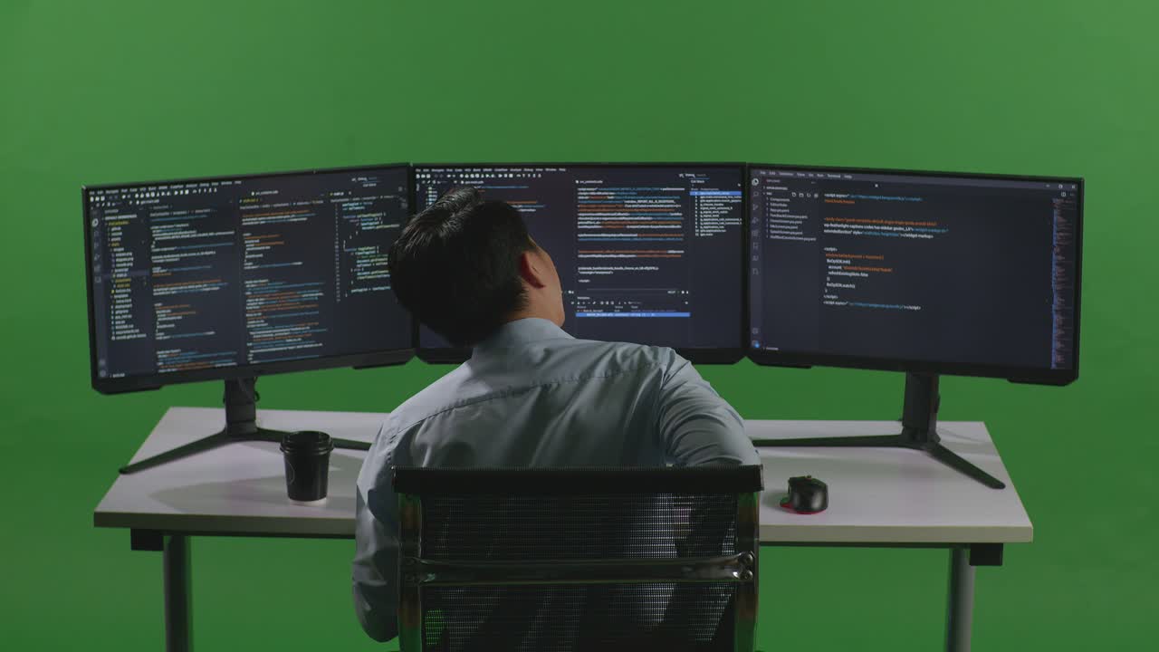 Back View Of Asian Man Developer Having Backache While Write Code With Multiple Computer Screens In Green Screen Studio