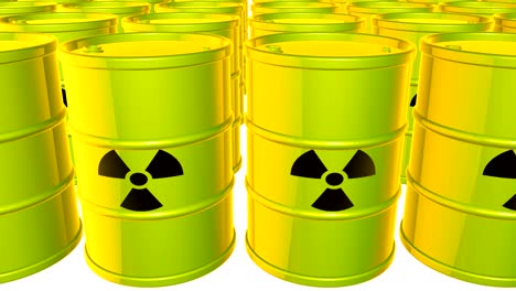 looped animated background with acid-green-yellow barrels with  black sign of radiation. radioactive material. toxic waste. white background. 4k.  seamless loop.