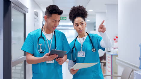 nurses, doctor and teamwork on tablet in clinic