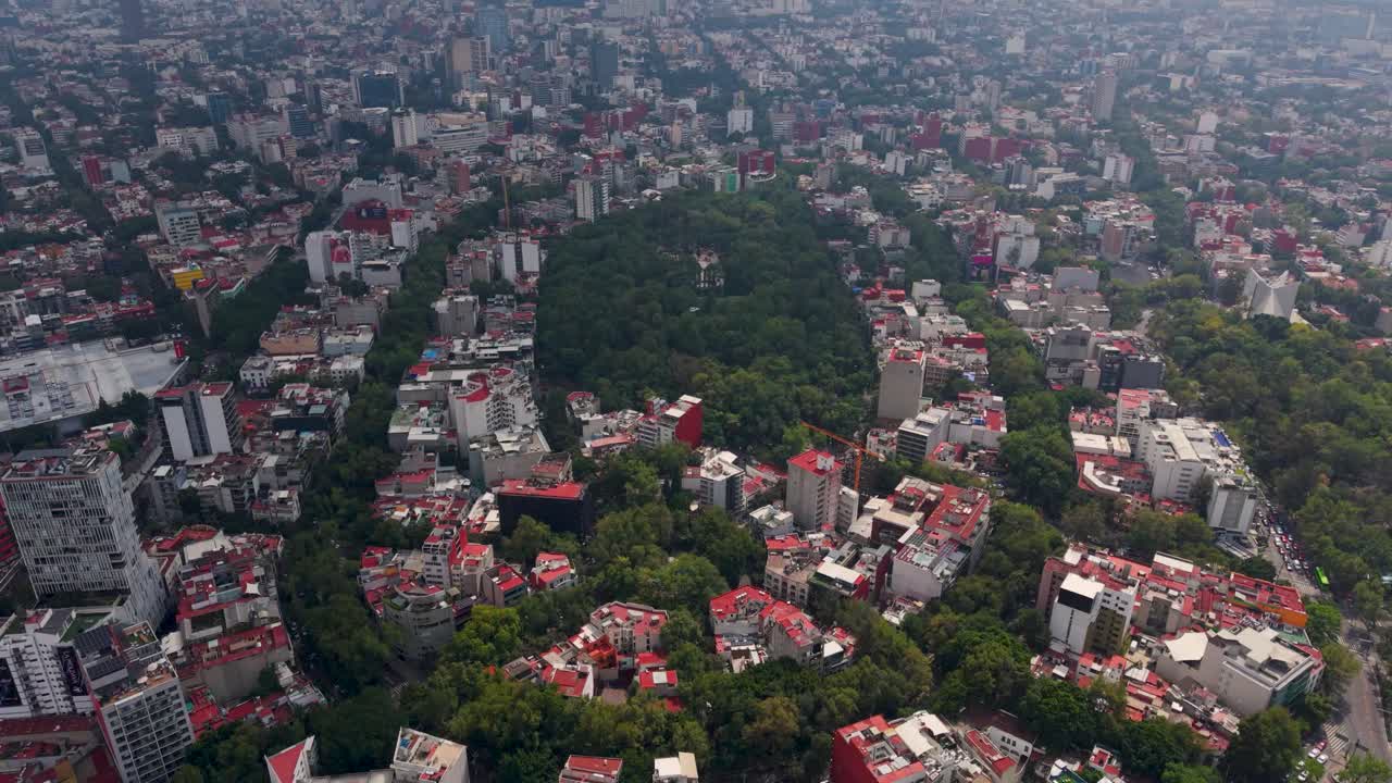 Drone view highlighting Parque México's location in Condesa, Mexico City