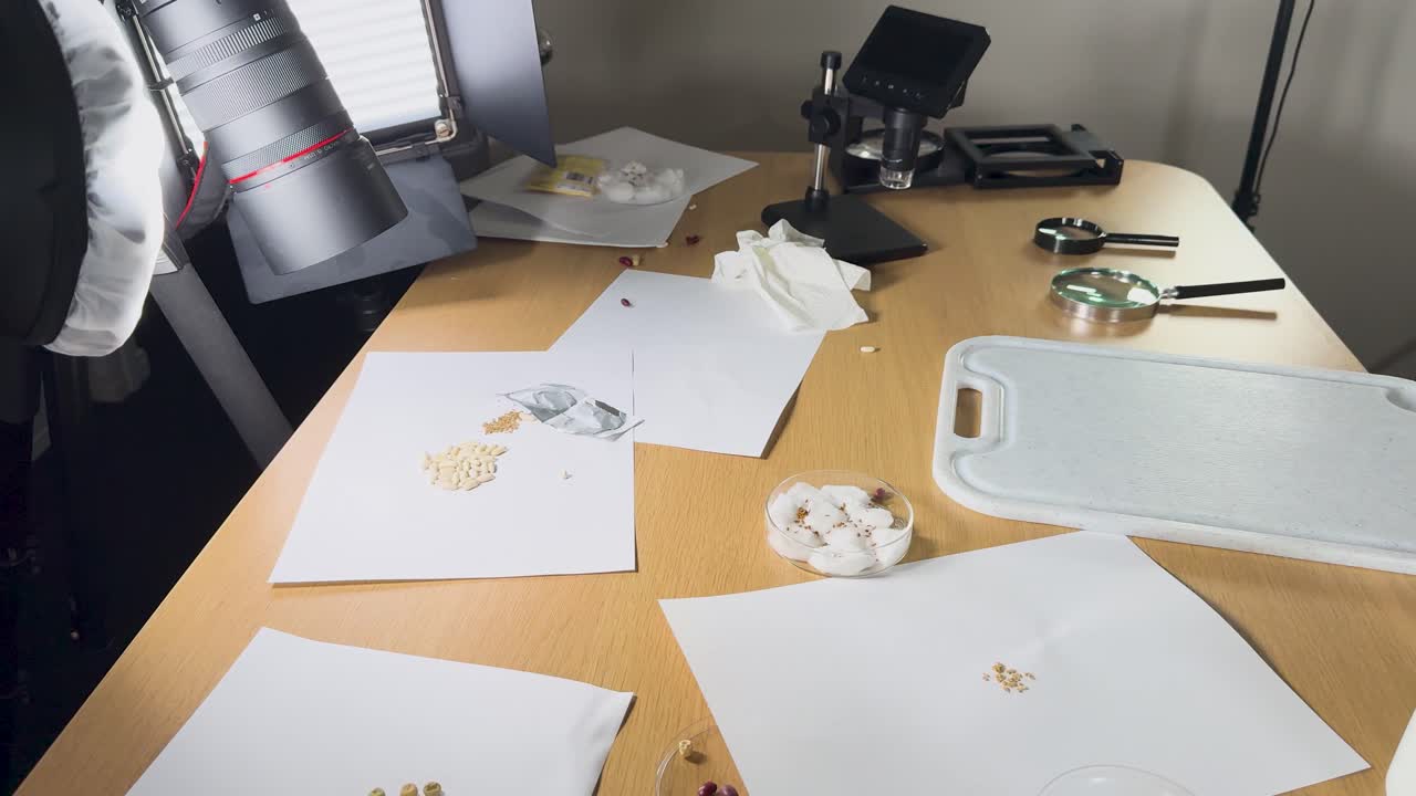 Close-up view of seeds on a table in a well-lit photography studio, highlighting scientific examination and arrangement