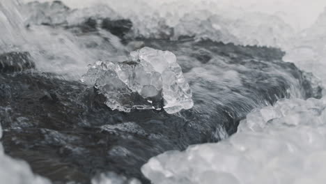 Nahaufnahme-Von-Wasser,-Das-Von-Einem-Kleinen-Wasserfall-In-Einem-Verschneiten-Wald-Fällt-2