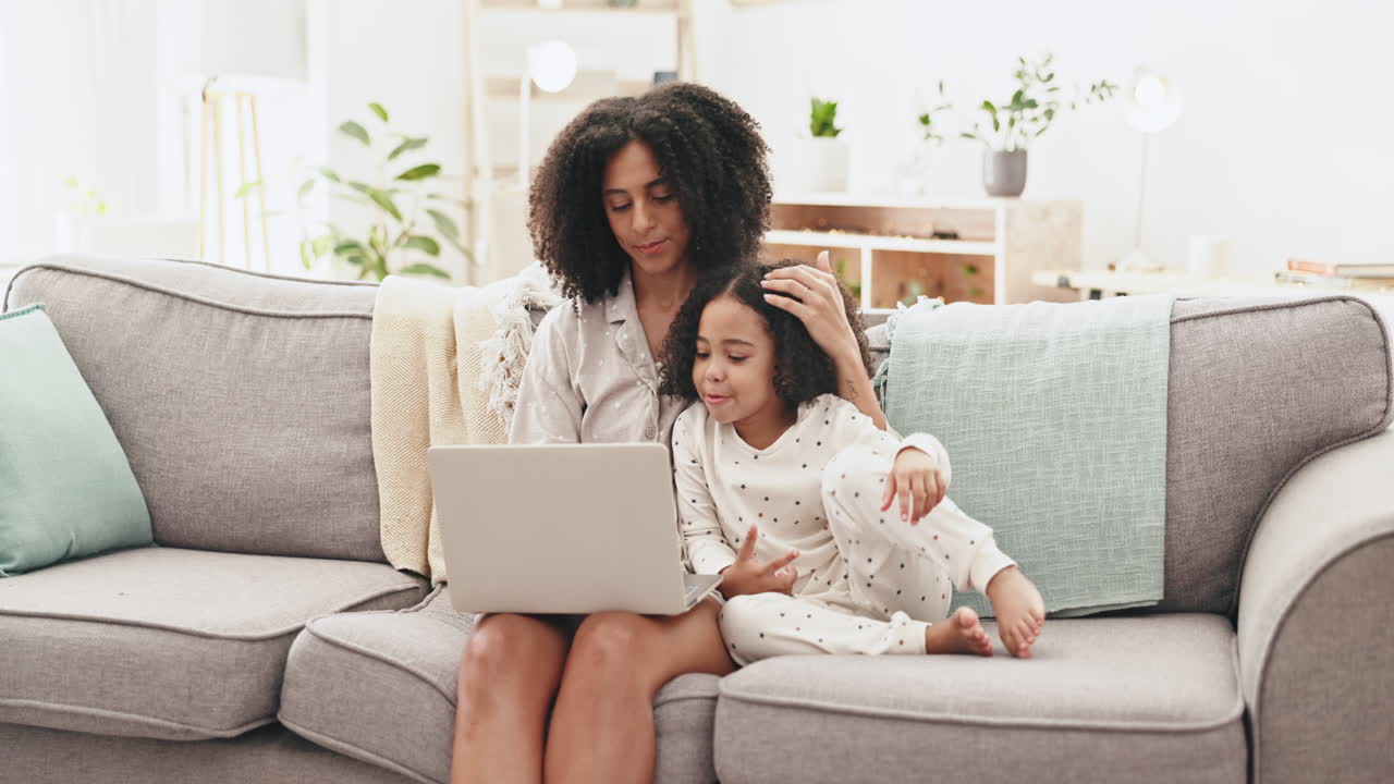 Relax, laptop and mother with daughter on sofa