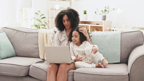 Relax,-laptop-and-mother-with-daughter-on-sofa