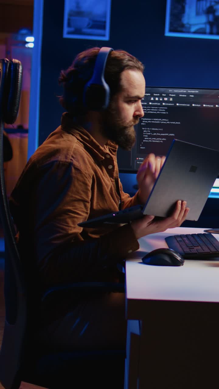 Focused Man Coding on Computer and Laptop in Dark Home Office