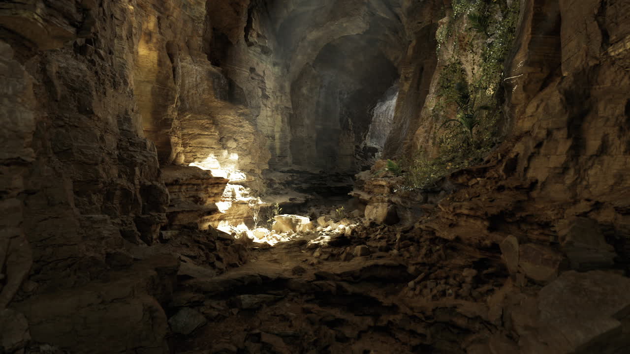 Caverna mistica con terreno irregolare e delicati fasci di luce