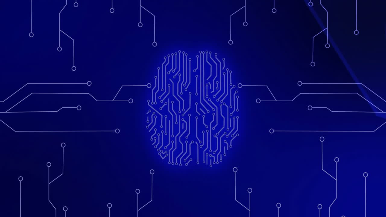 circuito digital cerebro y conexiones de red animación en fondo azul