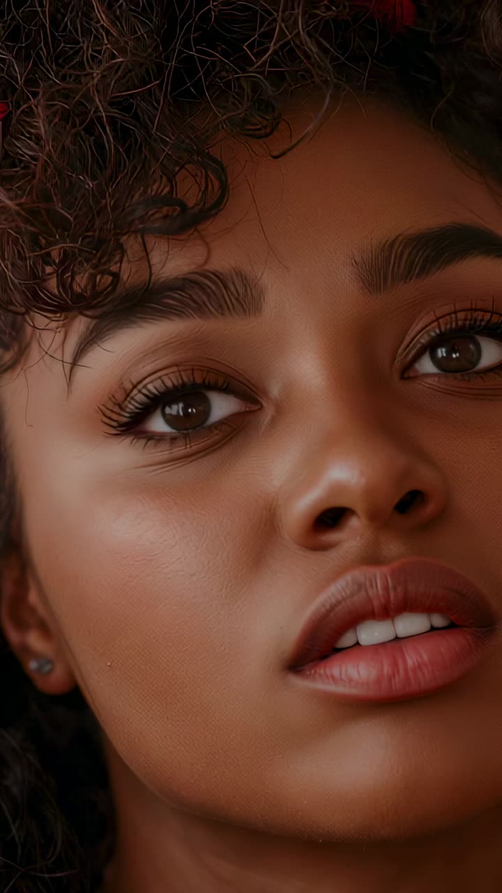 Vertical video: Responding to cue, woman turning right in studio, showing stud earring and makeup