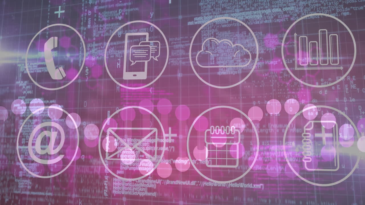 Animation of digital communication icons on abstract data background with pink hues
