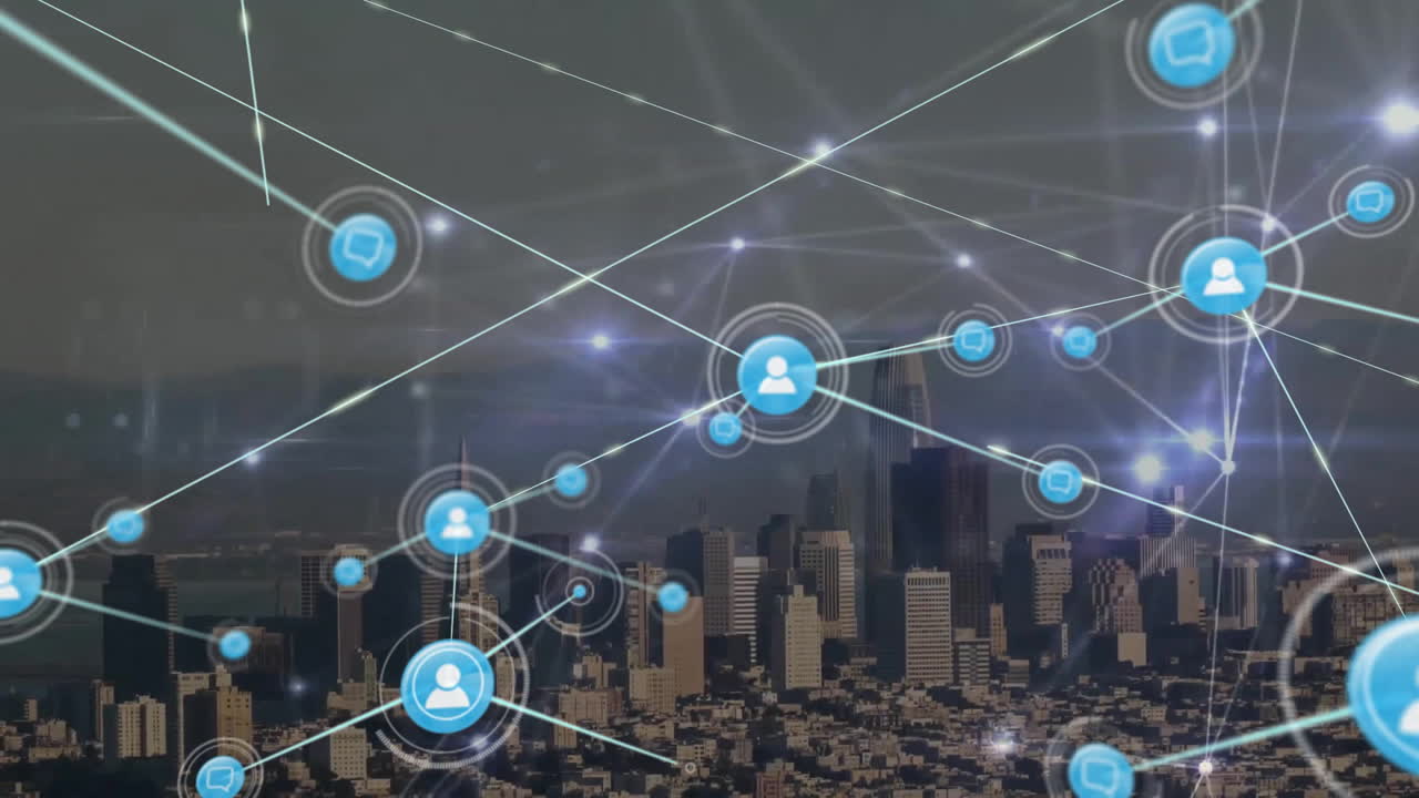 Animation of network of connections with icons and data processing over cityscape