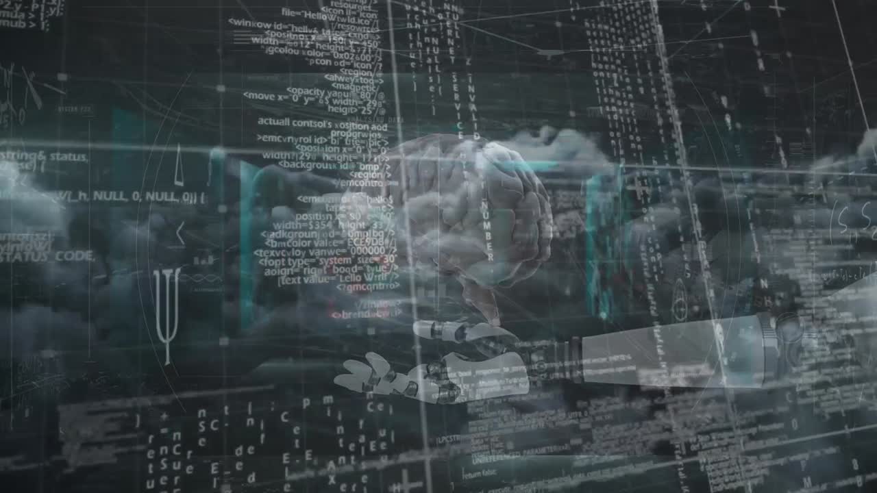 Human brain spinning over robotic arm against data processing and dark clouds