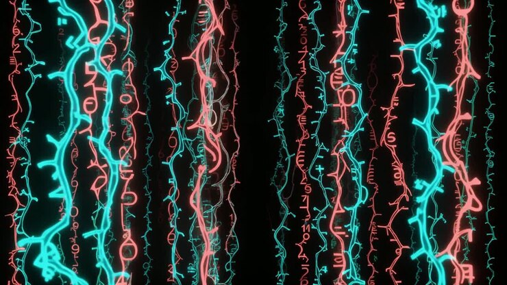 Glowing Neon Digital Data Stream on Black Background