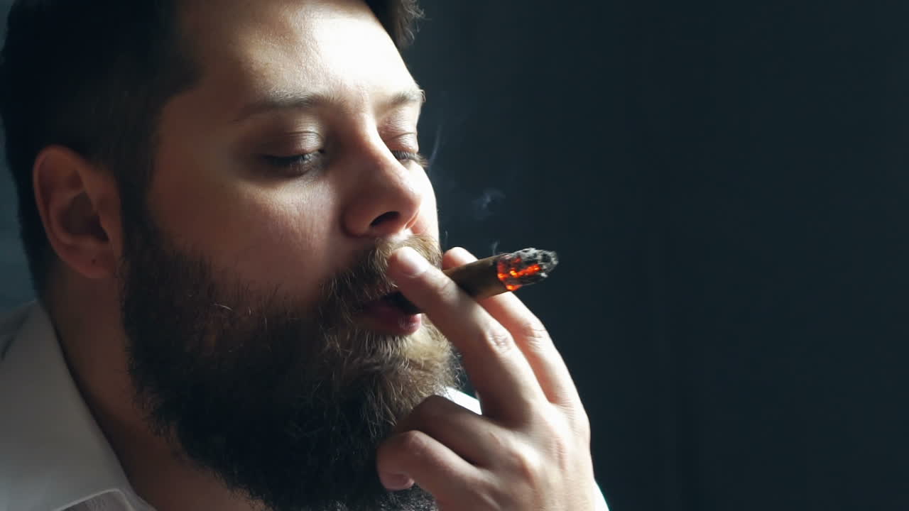 Man holding a cigar. Young bearded man posing and smoking a cigar in studio