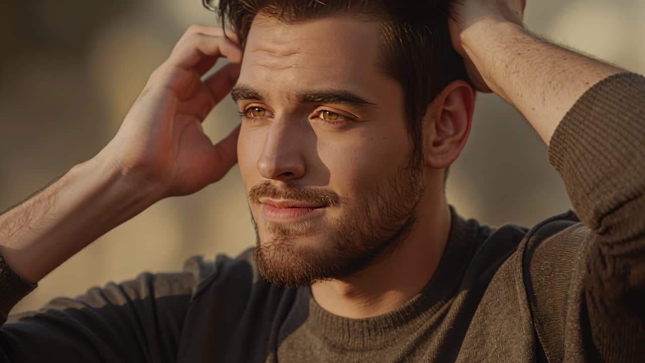 Modello uomo ripreso mentre si passa le mani tra i capelli su un tetto durante un servizio fotografico di moda, all'ora d'oro.