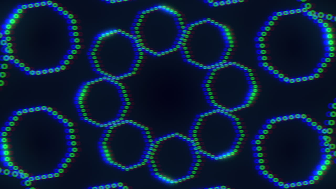Neon blue circles in spiral with dots on black gradient