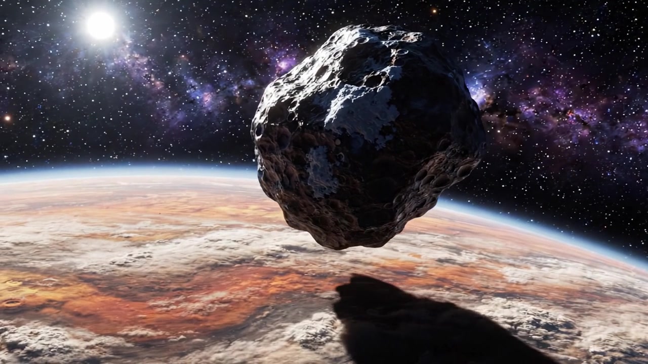 Una vista mozzafiato di un asteroide che fluttua sopra un pianeta colorato con stelle e una galassia distante sullo sfondo, catturato con dettagli sorprendenti nello spazio profondo.