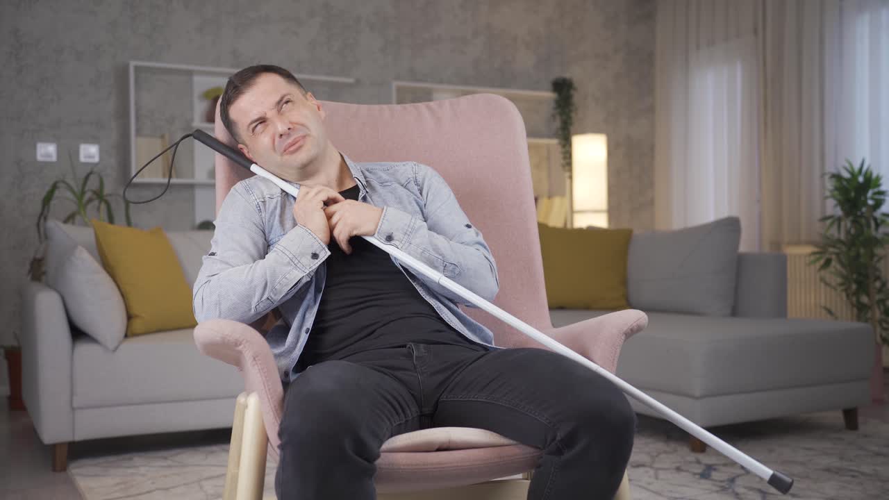 Unhappy blind man. He's crying.