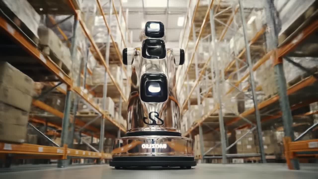 Innovative Delivery Robot Navigating an Industrial Warehouse Aisle, Showcasing Advanced Technology and Automation in Logistics Operations