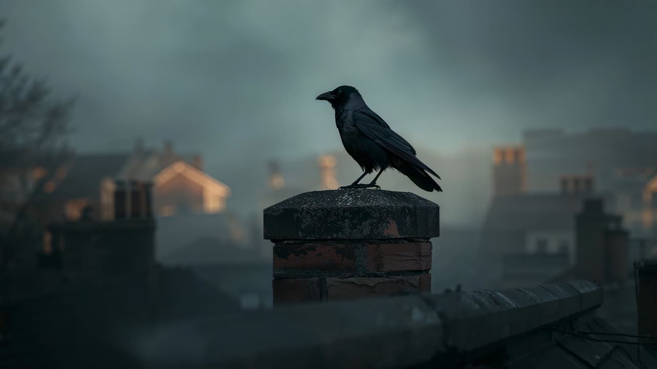 Landing crow searching rooftop for food, inspecting brick chimney pot and launching into flight