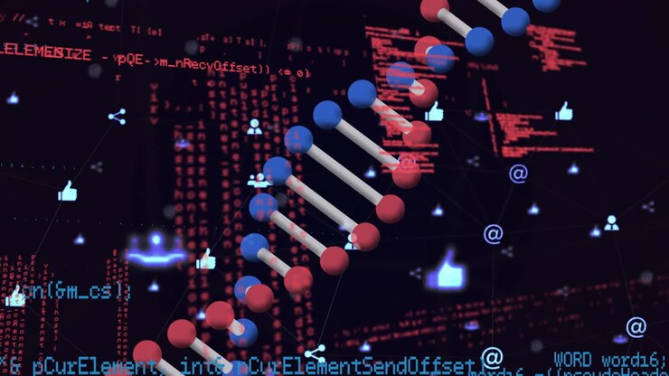 Animation of dna strand and data processing over black background