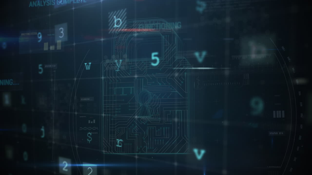 Animation of security padlock over data processing on dark background