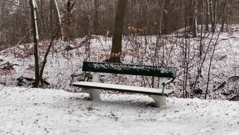 Nevando-Afuera-En-Un-Banco-Del-Parque