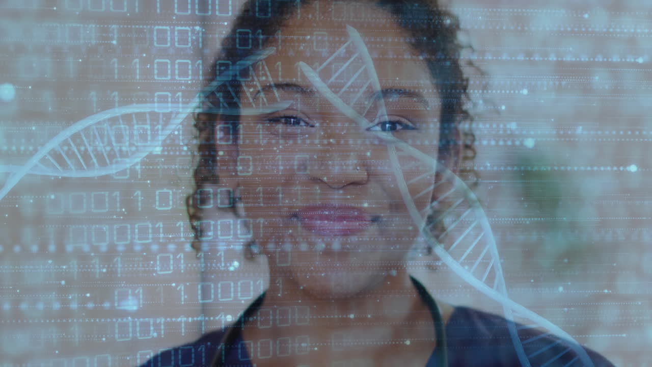 Animation of data processing and dna strands over african american female doctor working in hospital