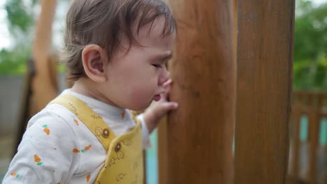 niña asiática mixta llorando en el parque infantil de madera al aire libre