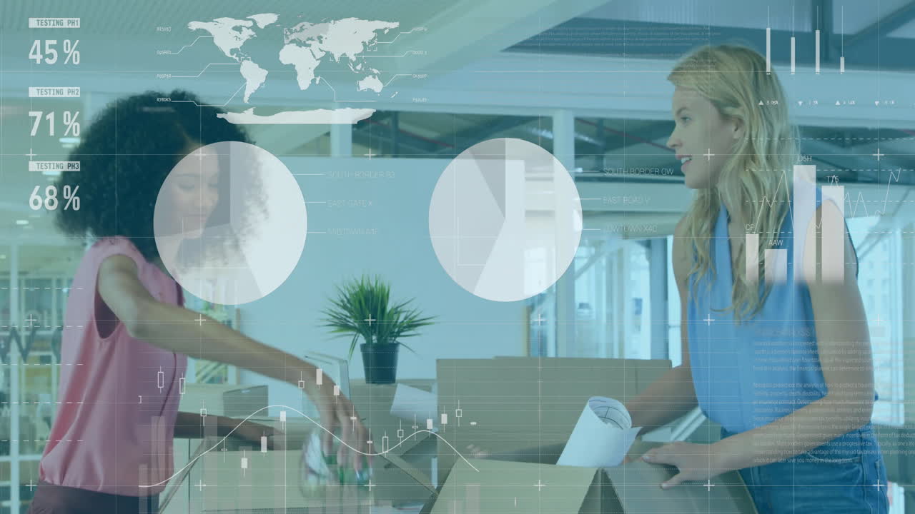 анимация обработки финансовых данных над различными бизнесменками, распаковывающими коробки в офисе