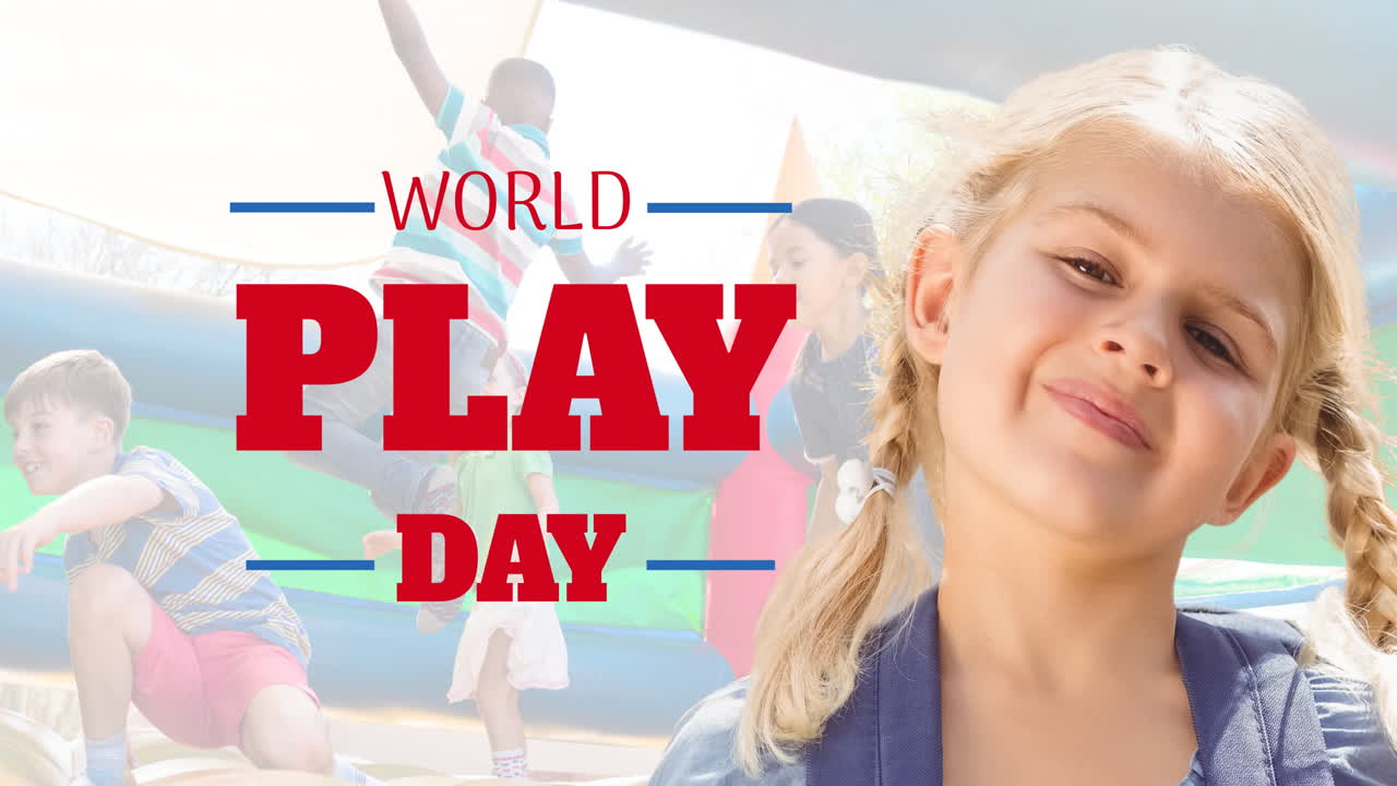 카메라에 미소 짓는 행복한 백인 소녀의 세계 놀이 날 애니메이션