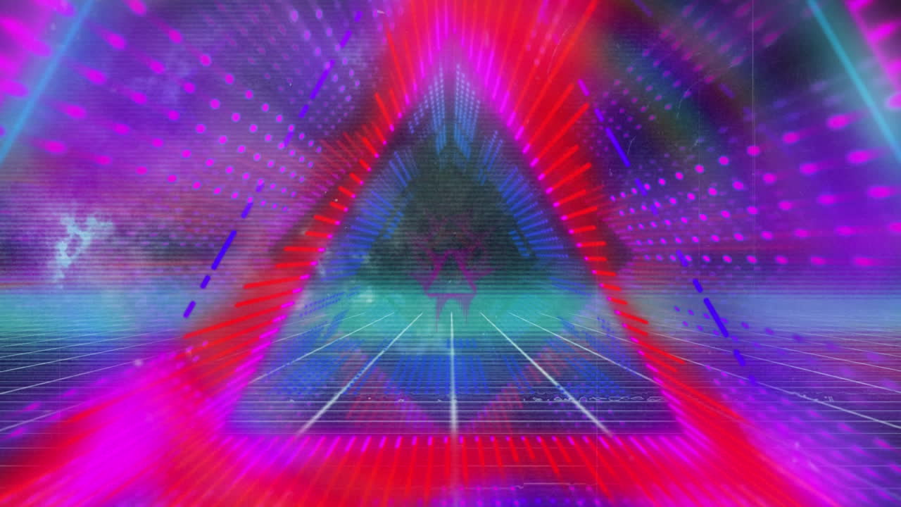 animación de formas triangulares en un patrón sin costuras sobre una red de cuadrícula contra un fondo azul.