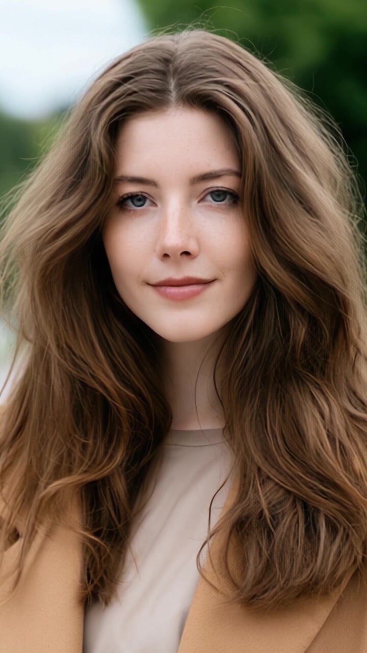 Ritratto accattivante di una giovane donna con bellezza naturale e capelli fluenti in un ambiente esterno sereno, che irradia fiducia ed eleganza