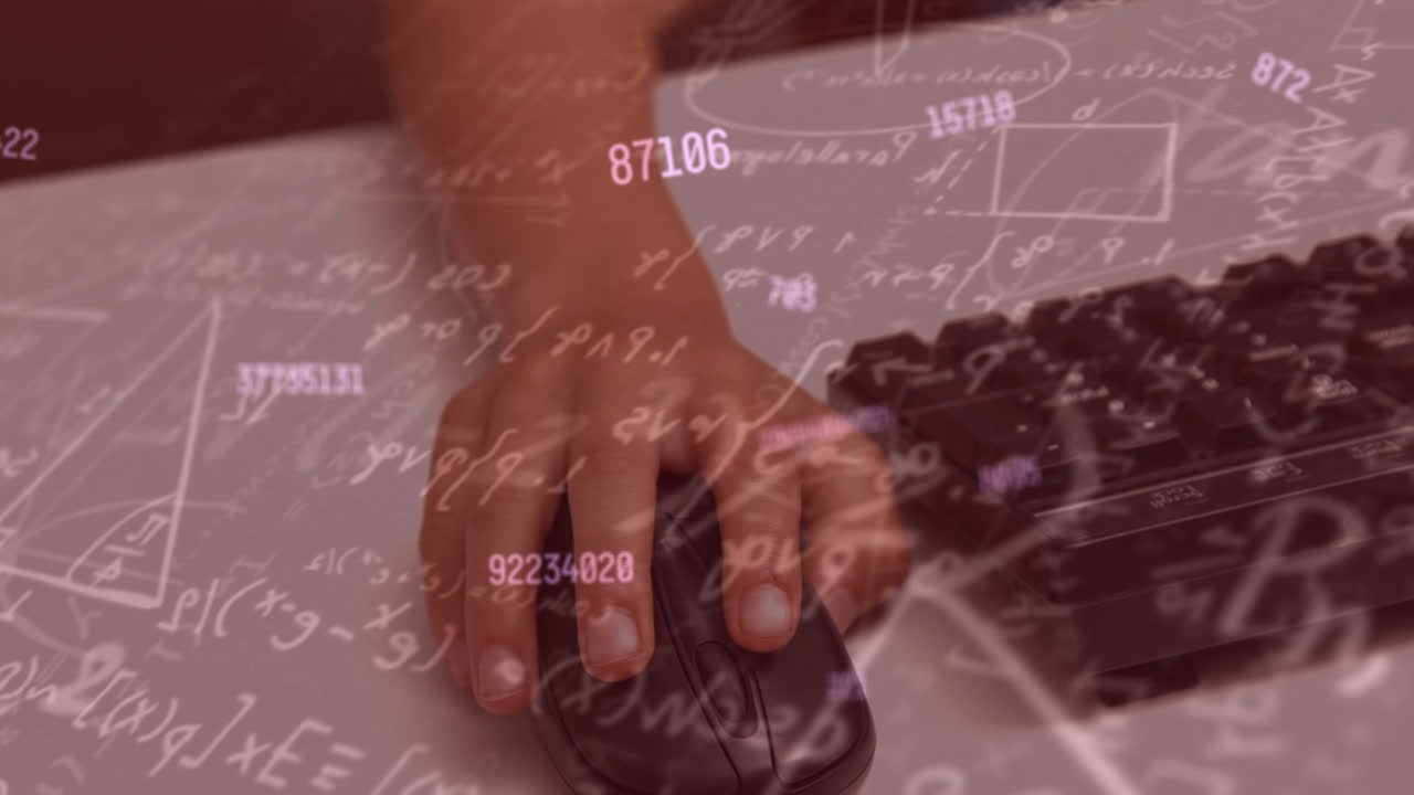 Animation of mathematical equations and data processing over biracial boy using computer