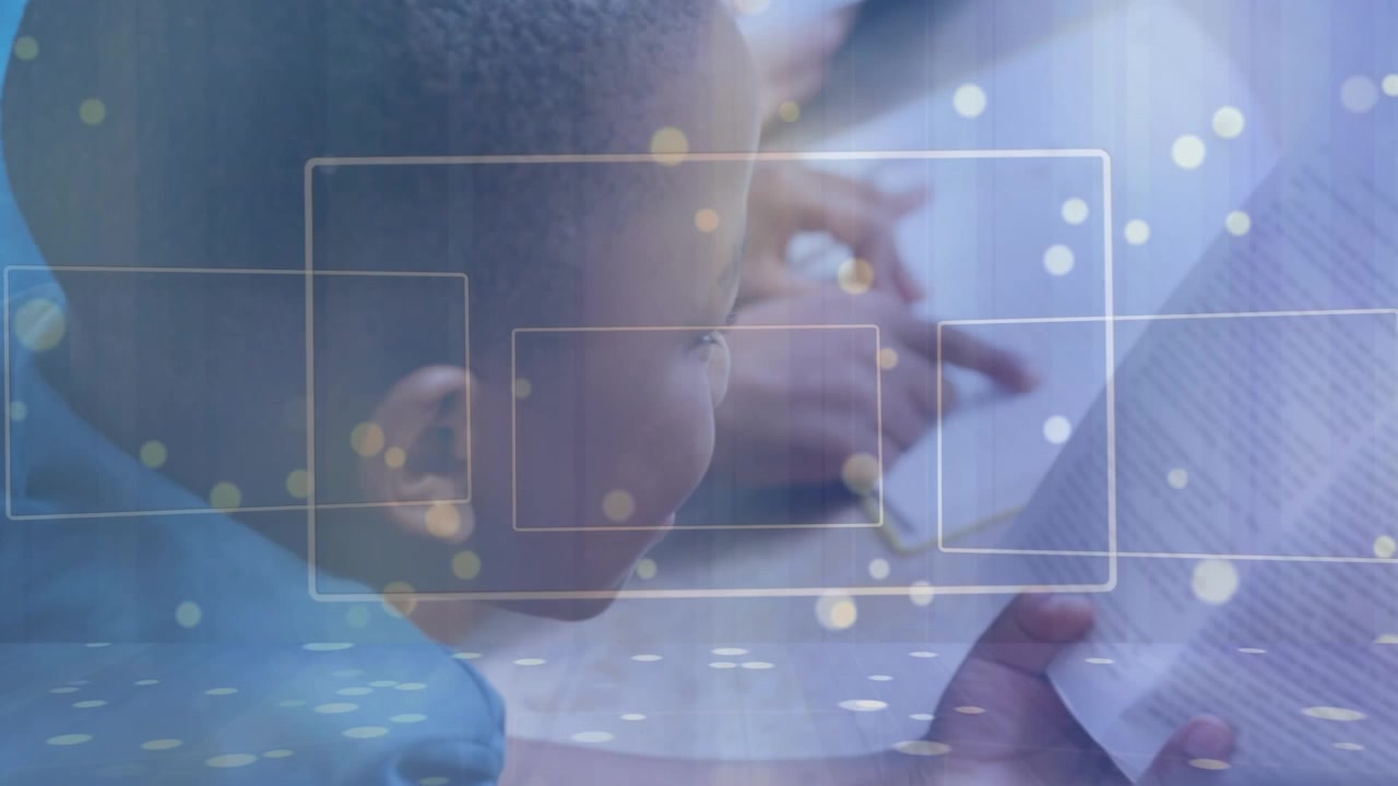 Animation of light spots and shapes over diverse schoolchildren
