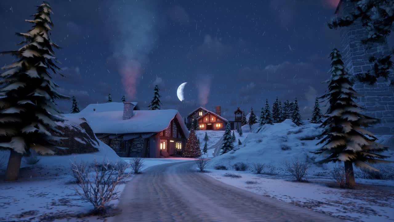 House In Middle Of Snowy Trees, Winter Blue Hour, Snow Falling